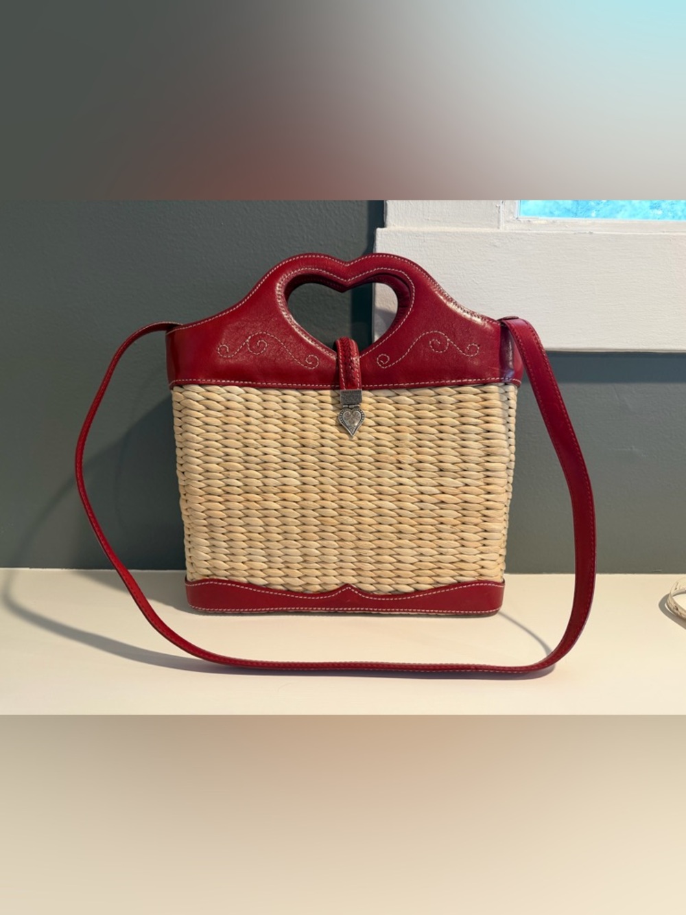 Brighton Woven Straw Tote Purse  Red Leather Heart Handle opt. shoulder strap